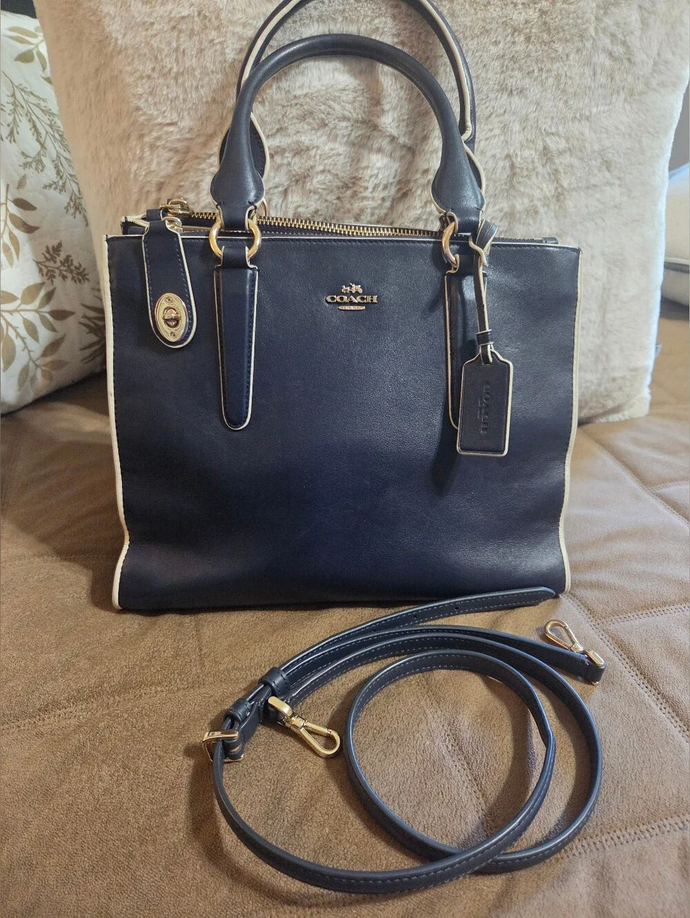 Coach Retired Crosby Navy Leather Satchel with Cream Trim and Gold Hardware